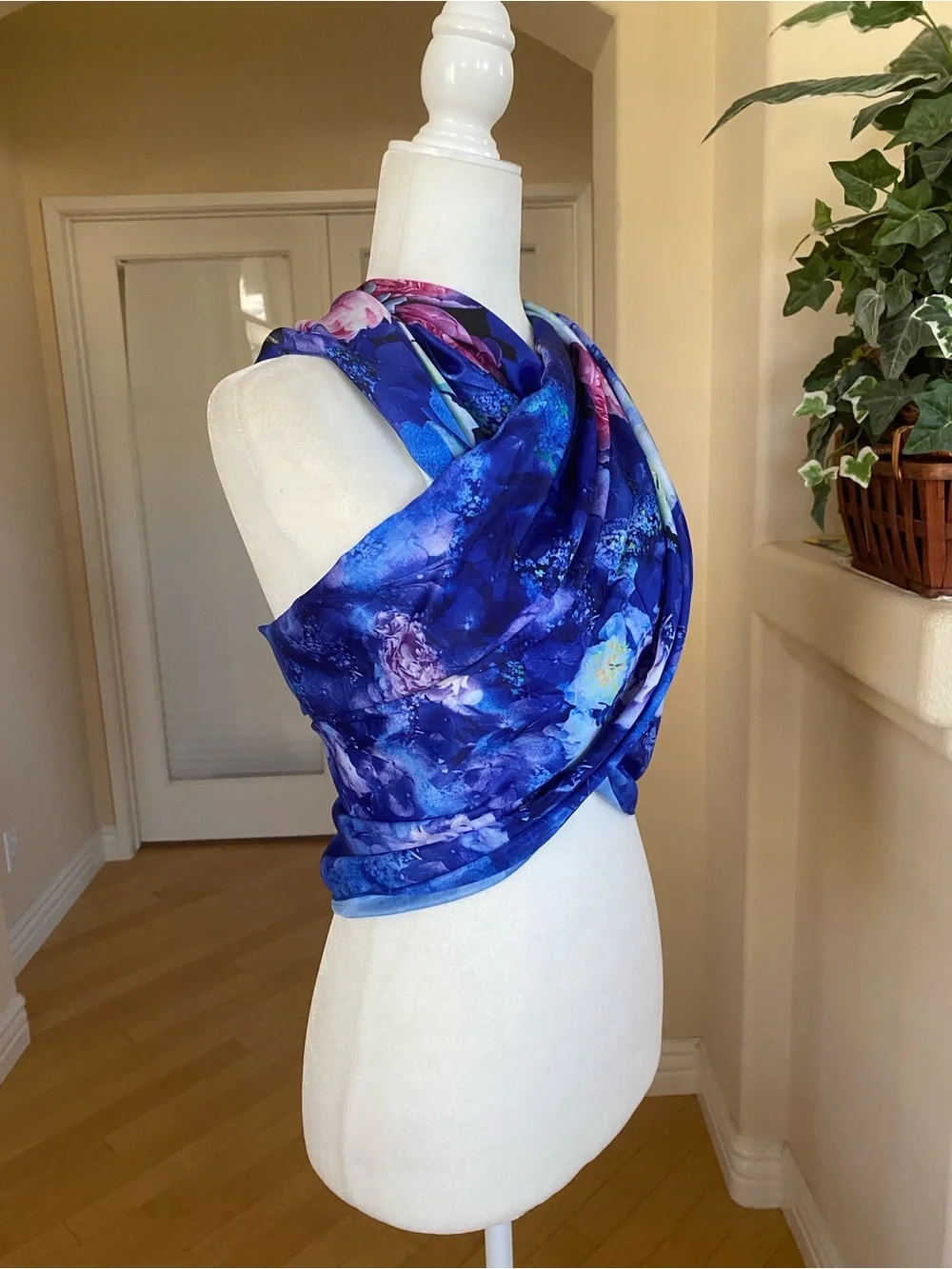 Silk Blue Floral Wrap Scarf Top